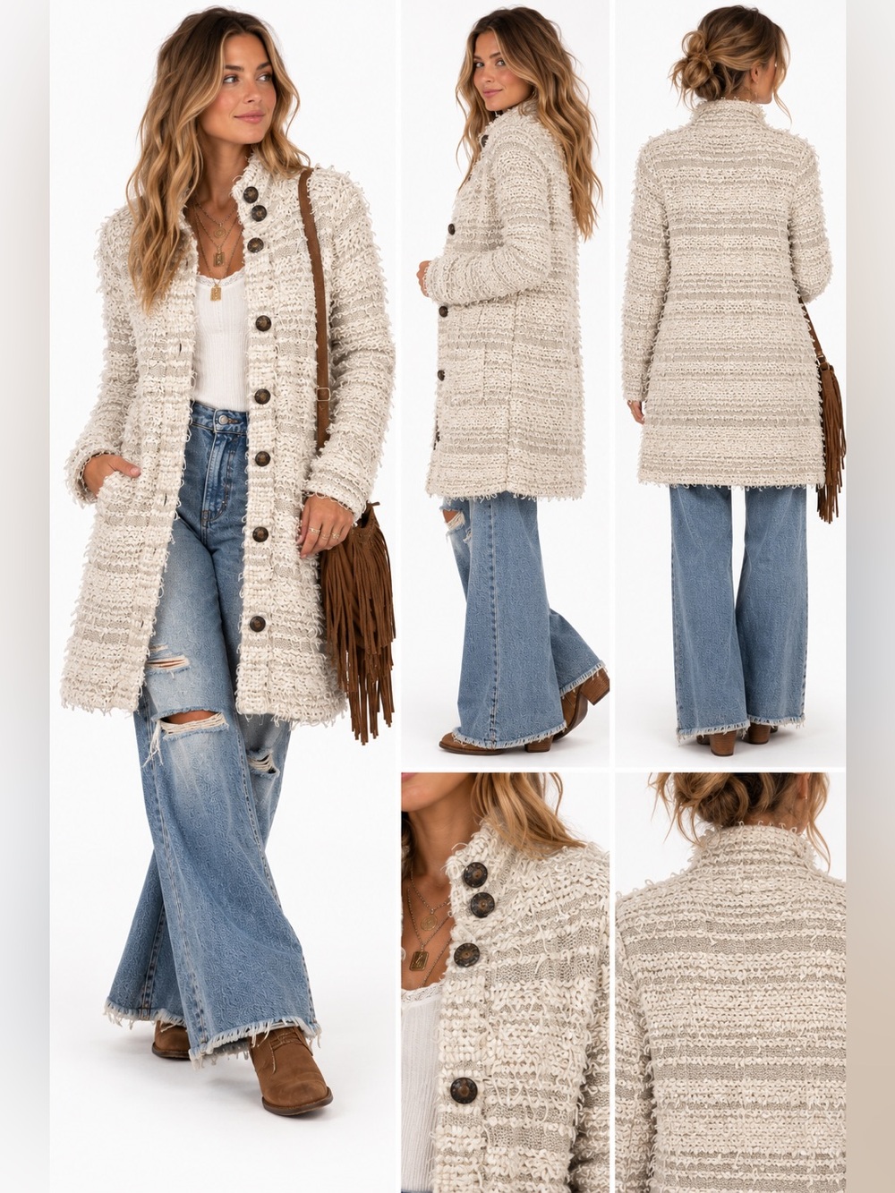 Free People Textured Boucle Long Cardigan Jacket Cream Button Front Boho
